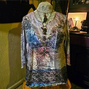 Whimsical Purple Blue Pink Bell Sleeve Boho Fairy Blouse Top Dressbarn XL